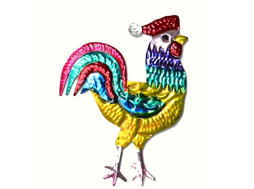 Christmas Rooster Ornament, Mexican tin ornament