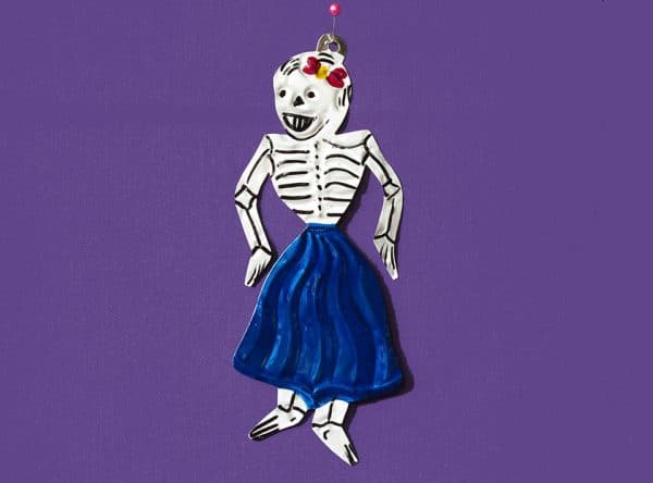 Skeleton Woman Ornament, tin figure