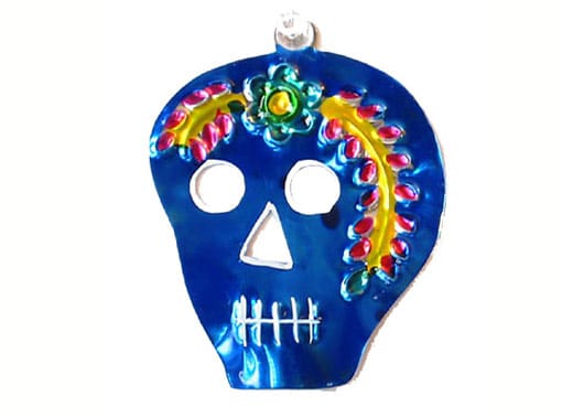 Skull, Mexican tin ornament, blue