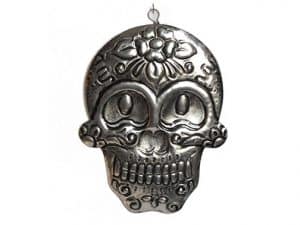 Silver Skull Ornament, Mexican tin art, smoked finish, 4.5-inch