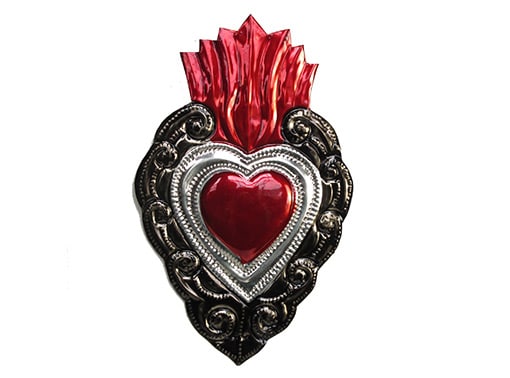 Red Sacred Heart Ornament, with sacred, red flame, by MARO