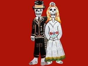 Bride & Groom Skeletons, painted tin wall plaque, 9-inch