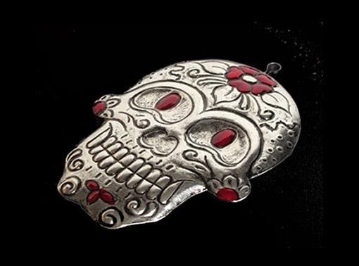 Skull With Red Eyes OrnamentMexican tin art, 4.5-inch