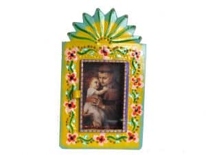 Mexican Tin Nicho, St. Anthony & Jesus in hand-painted, yellow frame, 6-inch