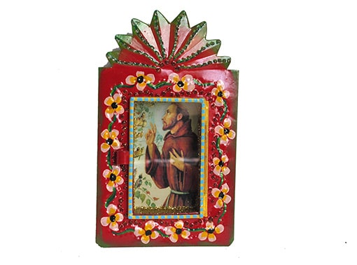 St. Francis Nicho, in hand-painted red frame, 6-inch front view