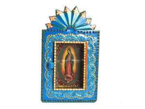 Mexican Tin Nicho, Lady of Guadalupe print, in blue frame, 6 inch