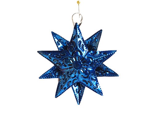 Tin Star Christmas Ornament, blue, 4-inch with 10 points
