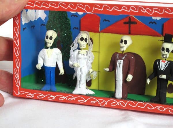 Skeleton Wedding Party Outside Church, Day of Dead diorama box