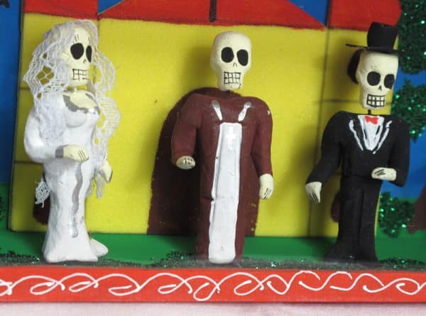 Skeleton Wedding Party Outside Church, Day of Dead diorama box