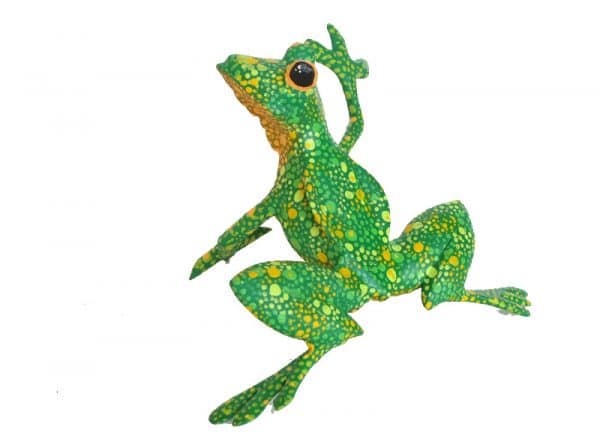 Friendly Frog, Oaxaca Alebrije Carving, green and yellow, top angle view