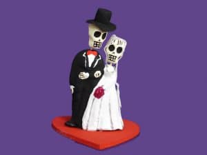 CAKE TOPPER: Skeleton Bride and Groom Pottery Figures on Red Heart Base