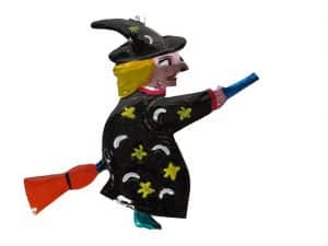 Black Robed Witch On Broom Ornament, painted tin wall decor, black robe, 7-inch