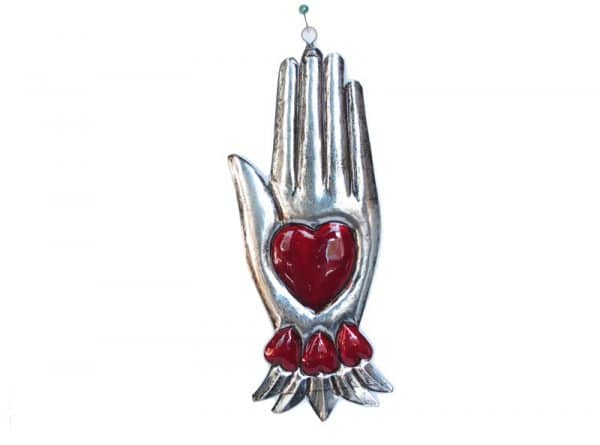 Small Heart In Hand Ornament, tin plaque, by Conrado, 6-inch
