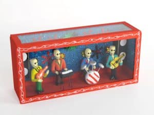 Skeleton Rock Band Diorama - Red Box, Day of Dead Folk Art, front view