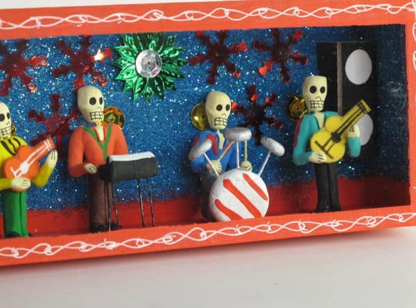 Skeleton Rock Band Diorama - Red Box, Day of Dead Folk Art, detail view
