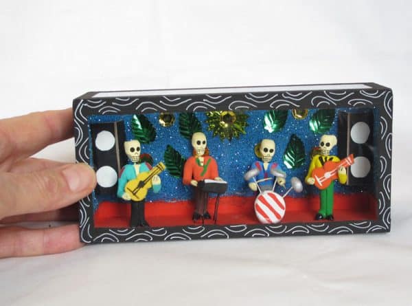 Skeleton Rock Band Diorama, Day of Dead Folk Art, front view