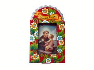 Mexican Tin Nicho, St. Anthony and Jesus color print, in hand-painted, red frame, 6-inch