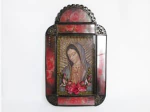Mexican Tin Nicho with Lady of Guadalupe print in pink frame, 12-inch