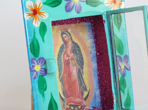 Turquoise Nicho With Lady of Guadalupe, close up