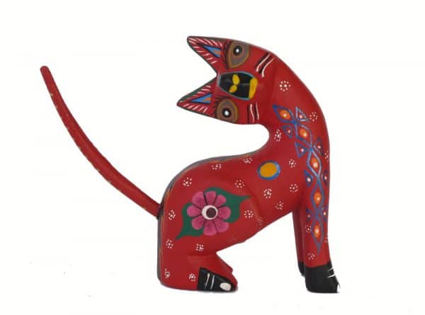 Curious Red Cat Alebrije, sitting tilted, red 5-inch