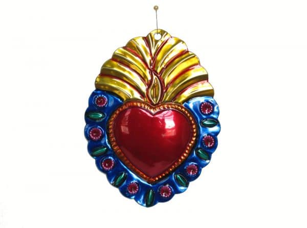 Heart with gold flame ornament blue border, 5-inch, by HG