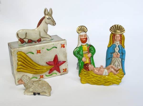 A Tin Nativity Set - 10 hand-painted figures in aged-look box