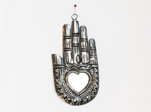 Hamsa Hand,  Tin Wall Plaque w/heart-shaped mirror