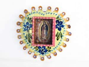 Mexican Tin Nicho, Lady of Guadalupe, in yellow, heart frame, 4.5 inch