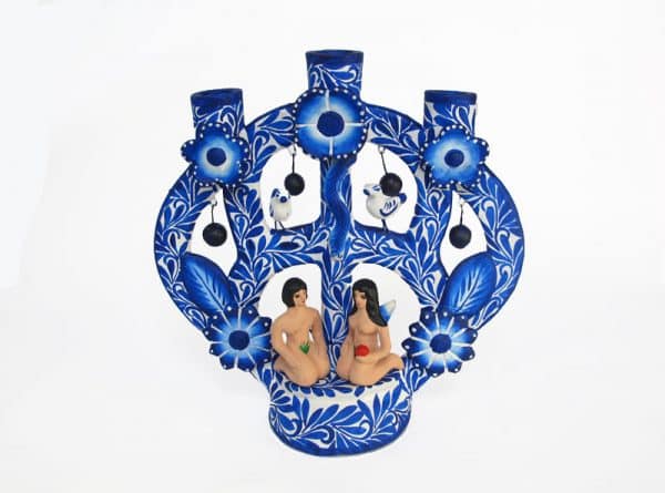 Adam & Eve, Mexican Pottery Candelabra, (blue-white), 21 cm.