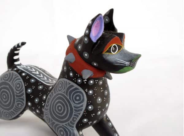 Black American Pit Bull, Oaxacan Wood Carving, grey/blue, face detail
