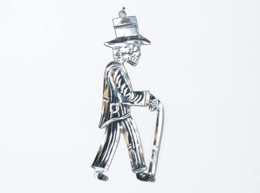 Skeleton In Top Hat, painted tin figure., Back view