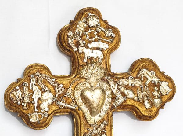 Gold Cross With Milagros, close up view