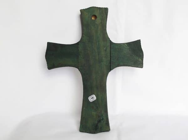 Wood Cross, with tin heart and green gems