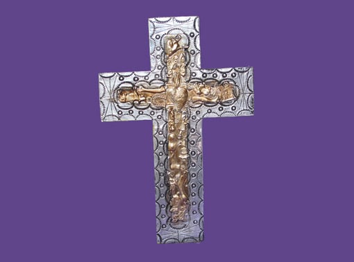Wood Cross, with foil and milagros