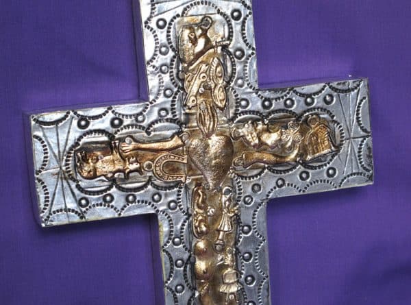 Wood Cross, with foil and milagros