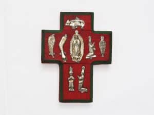 Wood Cross with Milagros and Guadalupe, 4.5 inch