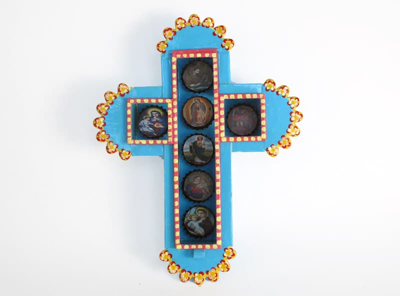 Cross with Bottle Caps Nicho - Viva Oaxaca Folk Art