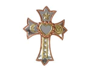 Bronze Cross with Heart Mirror, Wall Cross Made By Artesans Garcia