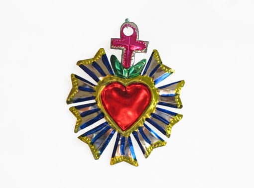 Sacred Heart w/Divine Light, painted tin ornament, 4-inch tall