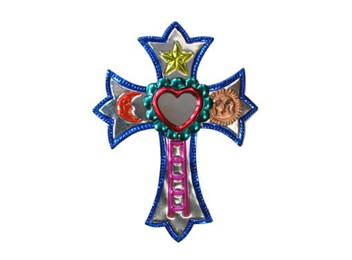 Celestial Cross with Heart Mirror, blue border color, front view