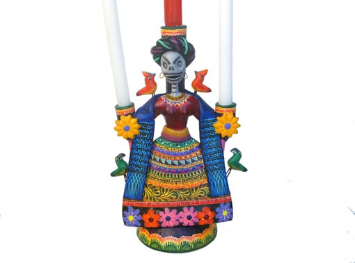 Skeleton Frida Kahlo Mexican Pottery Candelero, 8.5-inch