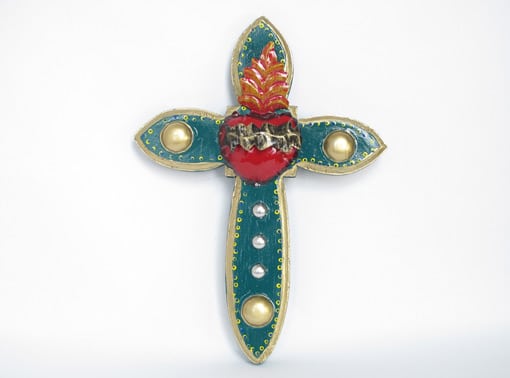 Green Sacred Heart Cross, front view