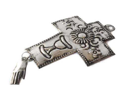 Tin Cross with Milagro Hand, 6-inch