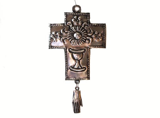 Antiqued Cross Ornament with Milagro Hand, 6 inches tall