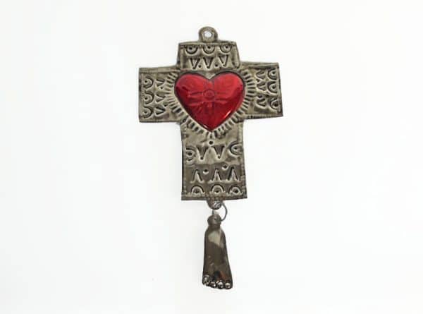 Cross with Red Heart Ornament, features a milagro foot dangling from the cross