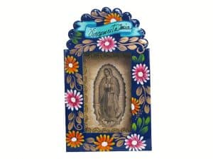 Mexican Tin Nicho, Lady of Guadalupe print, hand-painted, blue frame, 6-inch