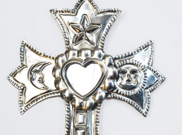 Tin Cross with Heart Mirror, unpainted