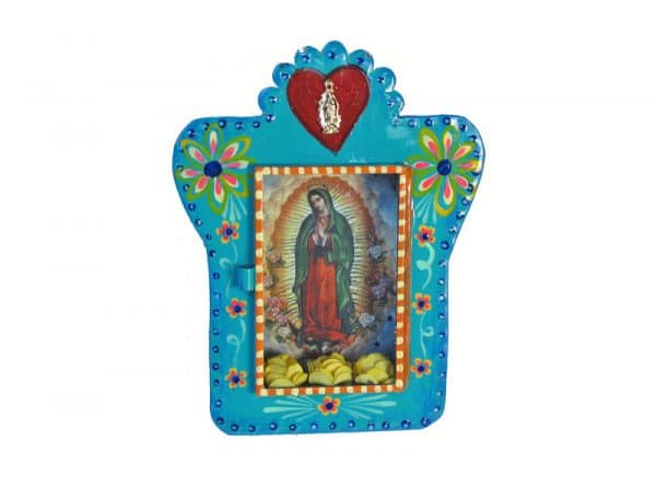 Mexican Tin Nicho, Lady of Guadalupe print in turquoise frame with roses, 7-inch