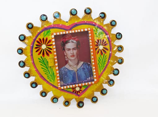 Frida Kahlo, Mexican Tin Nicho Yellow Heart, 6-inch