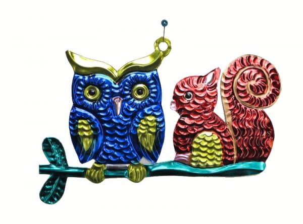 Owl and Squirrel, Mexican tin ornament by HG